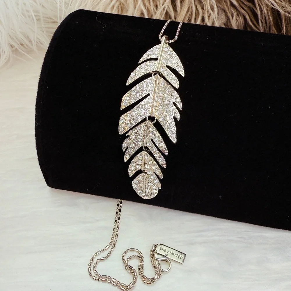 Silvertone Hinged Bling Leaf Pendant Long Necklace